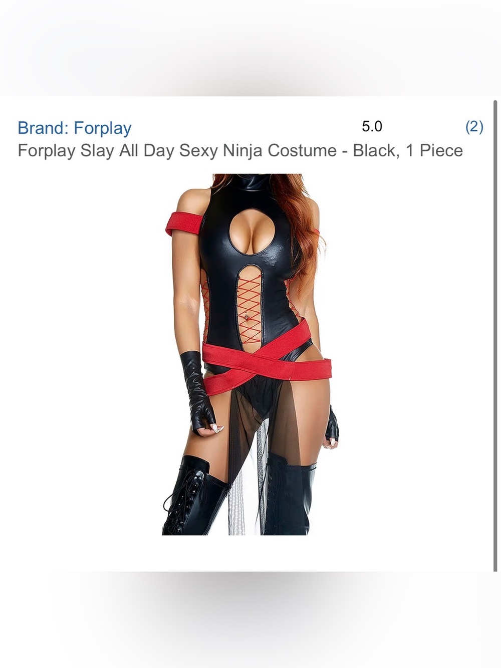 Forplay Black Faux Leather Cutout Ninja Bodysuit with Red Straps